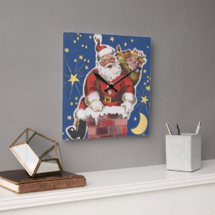 Vintage Santa Claus, Twas Night Before Christmas Square Wall Clock