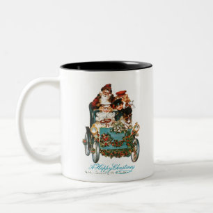 Vintage Santa Claus with a luxury blue car Two-Tone Coffee Mug