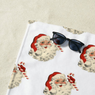 Vintage Santa Claus with Candy Cane. Beach Towel