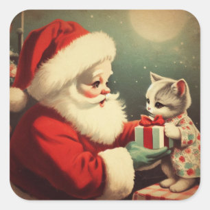 Vintage Santa Claus with Kitten Retro Santa Square Sticker
