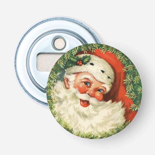 Vintage Santa Claus with Pine Wreath Bottle Opener (Front)