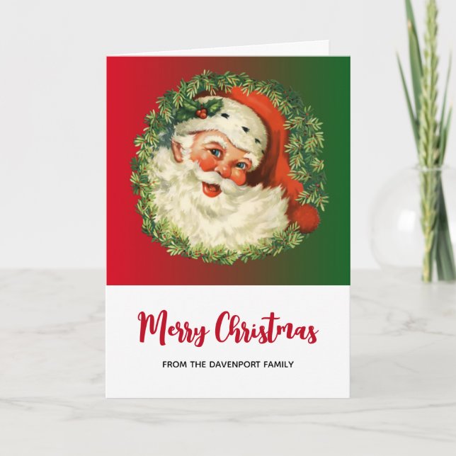 Vintage Santa Claus with Pine Wreath Christmas Card (Front)
