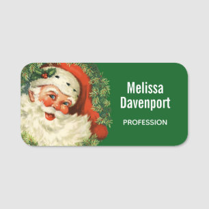 Vintage Santa Claus with Pine Wreath Name Tag