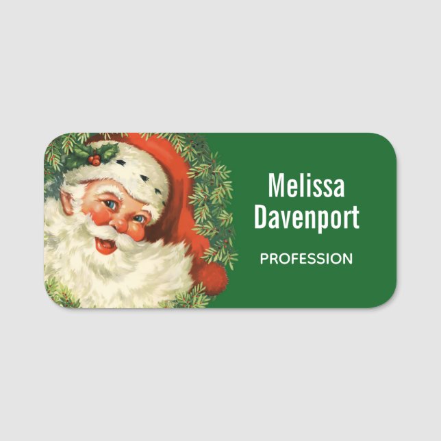 Vintage Santa Claus with Pine Wreath Name Tag (Front)