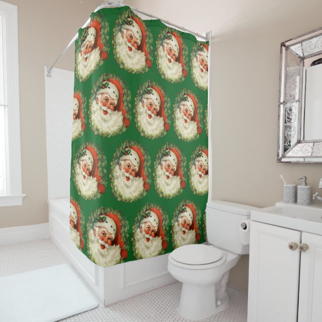 Vintage Santa Claus with Pine Wreath Shower Curtain (In Situ)
