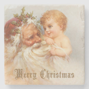 Vintage Santa Claus with Smiling Child Stone Coaster