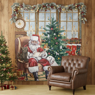 Vintage Santa Cozy Christmas Animals Backdrop Tapestry