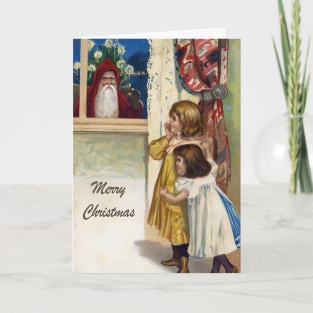 Vintage Santa Creeping Outside Holiday Card (Front)