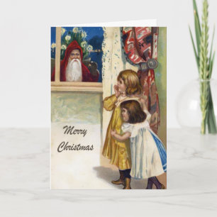Vintage Santa Creeping Outside Holiday Card