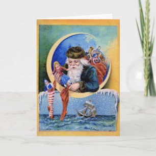 Vintage Santa Crescent Moon Holiday Card