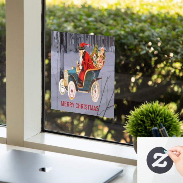 Vintage Santa Driving Modern Snow Scene 8x8 Vinyl (Office)