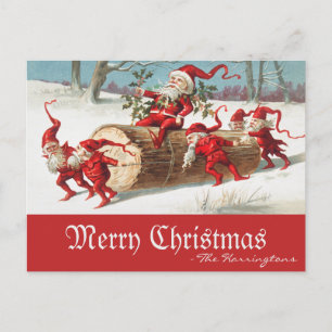 Vintage Santa Elves Merry Christmas Retro Holiday Postcard