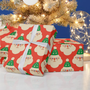 Vintage Santa Faces Red Wrapping Paper