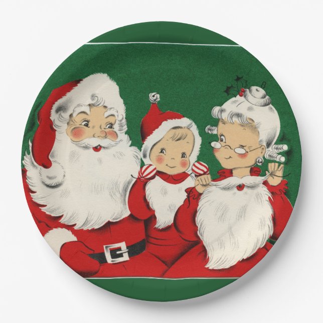 Vintage Santa Family Christmas Dinner Paper Plate (Front)