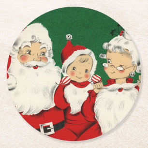 Vintage Santa Family Christmas Round Paper Coaster