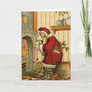 Vintage Santa Filling Stocking Holiday Card