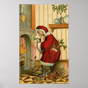 Vintage Santa Filling Stocking Poster