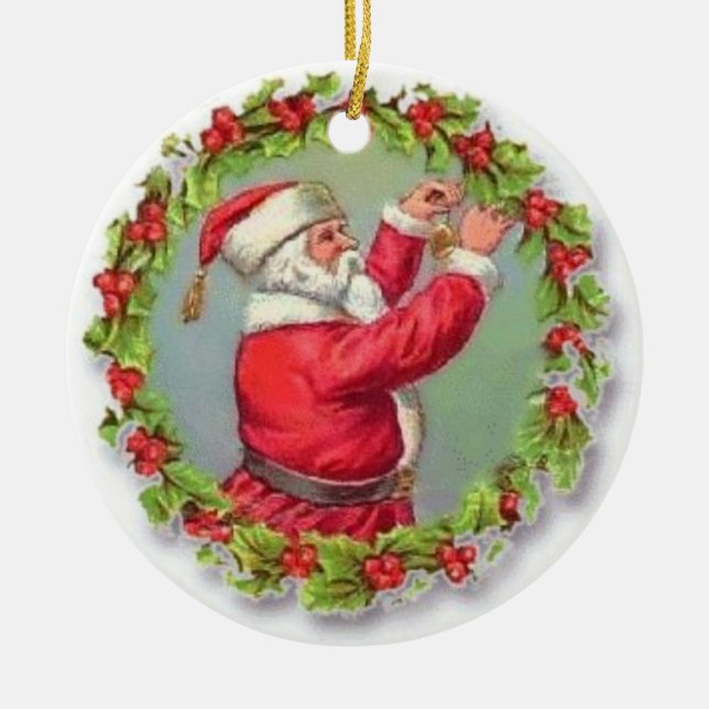 Vintage Santa Fixing a Wreath Ceramic Ornament (Front)