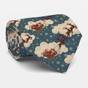 Vintage Santa Flying Reindeer Snowy Sky Christmas Tie