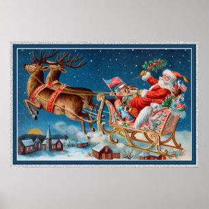 vintage santa flying sleigh poster