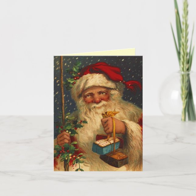 Vintage Santa Gifts Snowing Christmas Holiday Card (Front)