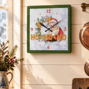 Vintage Santa & Gingerbread Ho-Ho-Ho Square Wall Clock