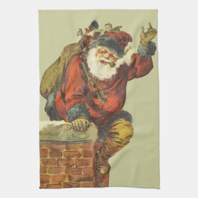 Vintage Santa Going Down Chimney Tea Towel (Vertical)