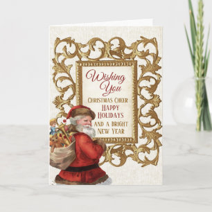 Vintage Santa Gold Frame Merry Christmas New Year Holiday Card