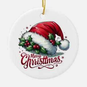 Vintage Santa Hat Merry Christmas Ceramic Tree Orn Ornament