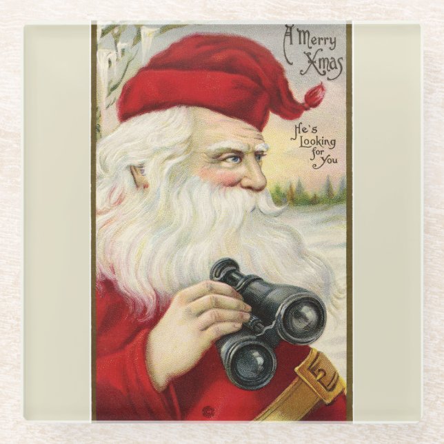 Vintage Santa Holding Binoculars Glass Coaster (Front)