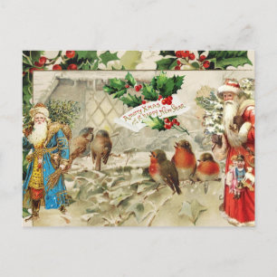 Vintage Santa, Holly Berry and Birds Collage  Holiday Postcard