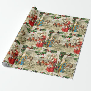Vintage Santa, Holly Berry and Birds Collage  Wrapping Paper