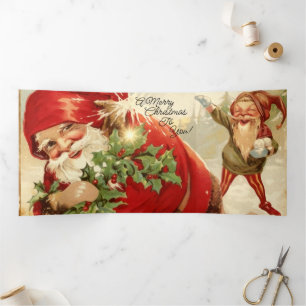 Vintage Santa, Holly, & the Snowball-Tossing Gnome Tri-Fold Holiday Card