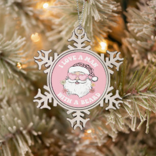 Vintage Santa I Love A Man With A Beard Pink Xmas Snowflake Pewter Christmas Ornament