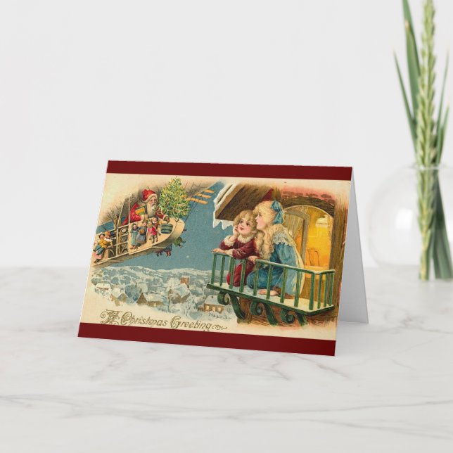 Vintage Santa In Aeroplane Air Balloon Holiday Card (Front)