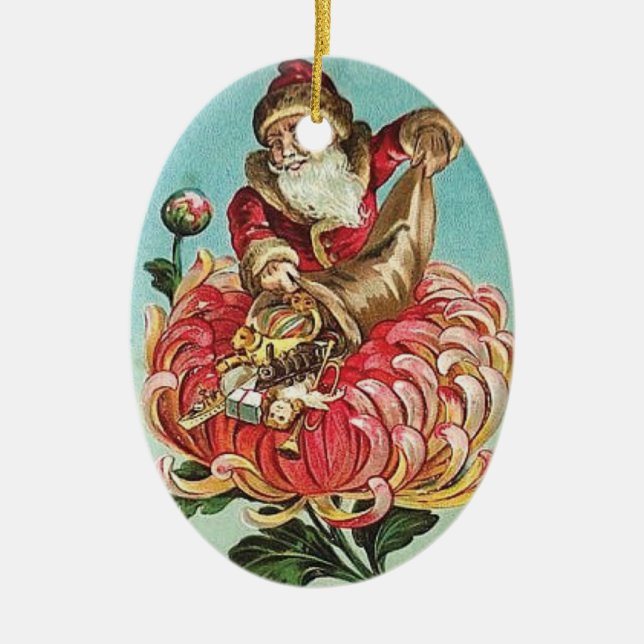 Vintage Santa in Flower Ornament (Front)