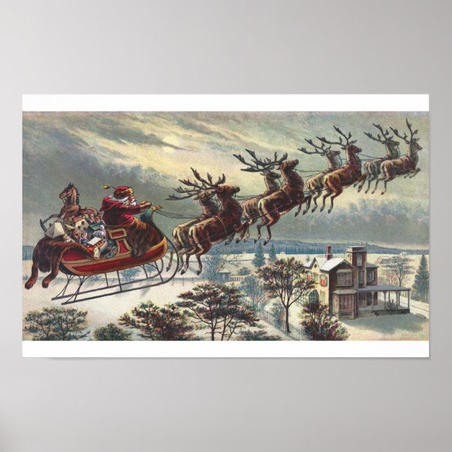 Vintage Santa in Sleigh Flying Poster (Front)