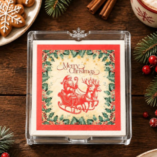 Vintage Santa in Sleigh on Red Paper Napkin