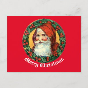 Vintage Santa In Wreath Postcard