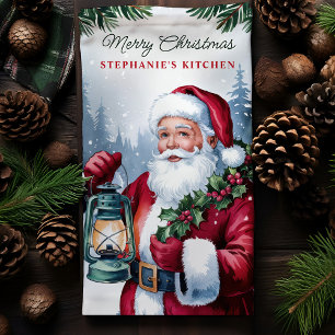 Vintage Santa Lantern Personalised Christmas Tea Towel