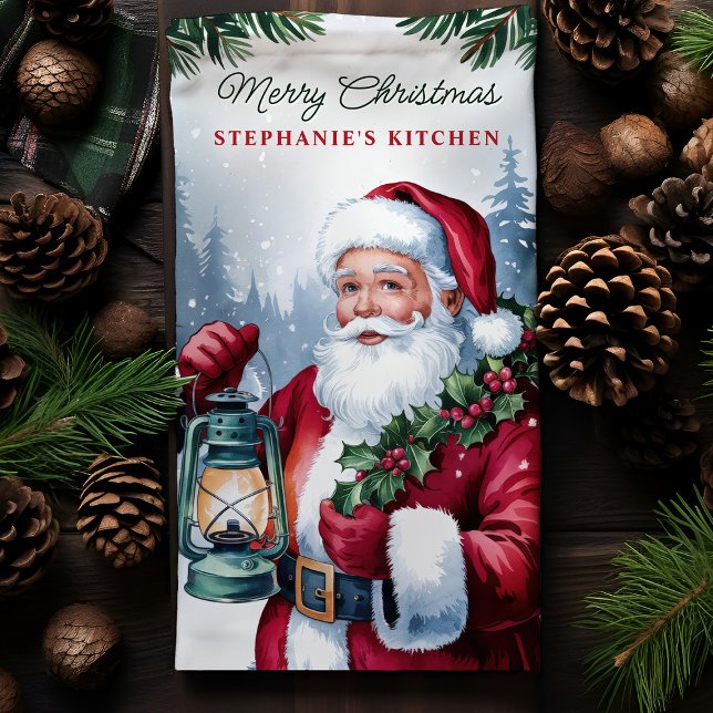 Vintage Santa Lantern Personalised Christmas  Tea Towel (Creator Uploaded)