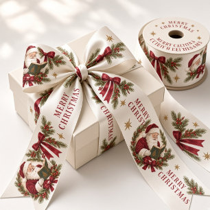 Vintage Santa Merry Christmas Burgundy Satin Ribbon