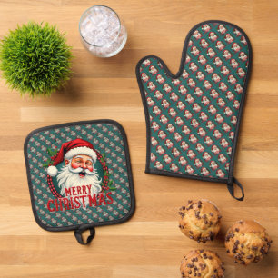 Vintage Santa Merry Christmas Illustration Patten Oven Mitt & Pot Holder Set
