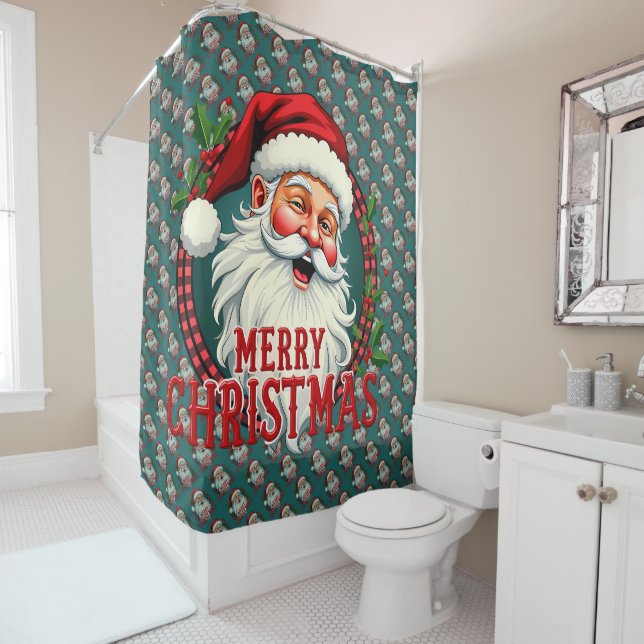 Vintage Santa Merry Christmas Illustration Patten Shower Curtain (In Situ)