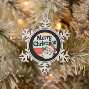 Vintage Santa Merry Christmas Old Xmas Fashioned Snowflake Pewter Christmas Ornament
