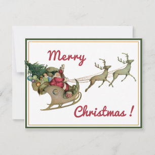 Vintage Santa Merry Christmas Sleigh Reindeer Holiday Card