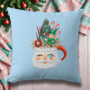 Vintage Santa Mug Light Blue Throw Pillow
