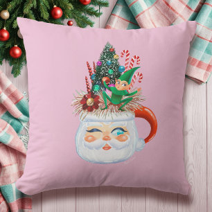 Vintage Santa Mug Pink Throw Pillow