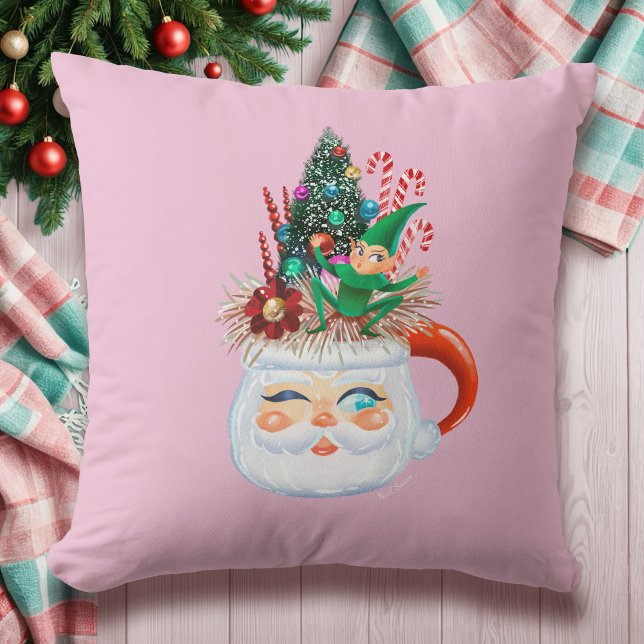 Vintage Santa Mug Pink Throw Pillow (Creator Uploaded)