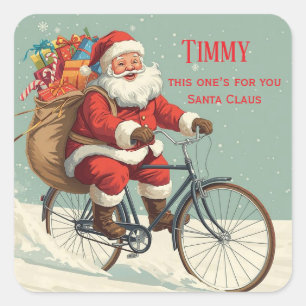 Vintage Santa on Bicycle – Personalized Christmas Square Sticker